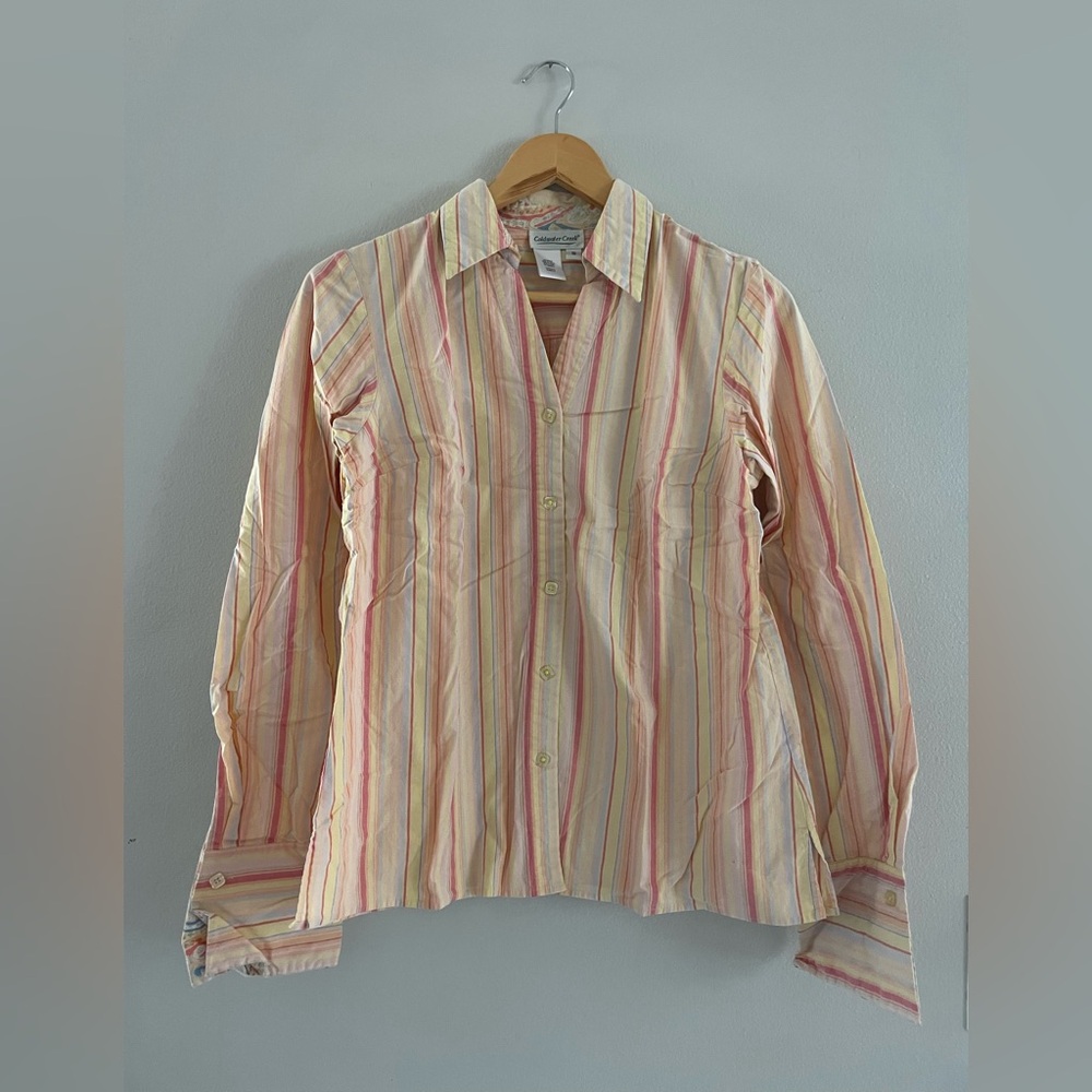 Coldwater Creek Pastel Striped Button-Up Shirt - Pink, Yellow, Blue